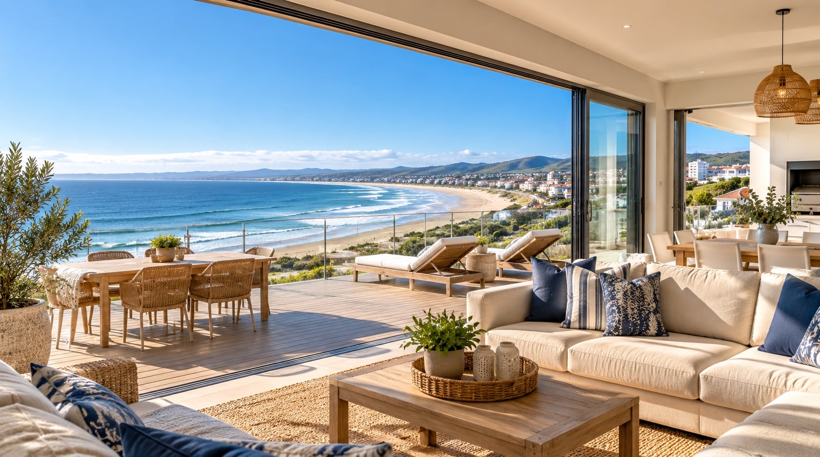 Bright, modern holiday-home living room with large windows overlooking the ocean on the Garden Route